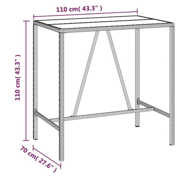 vidaXL Barbord med glasskiva brun 110x70x110 cm konstrotting