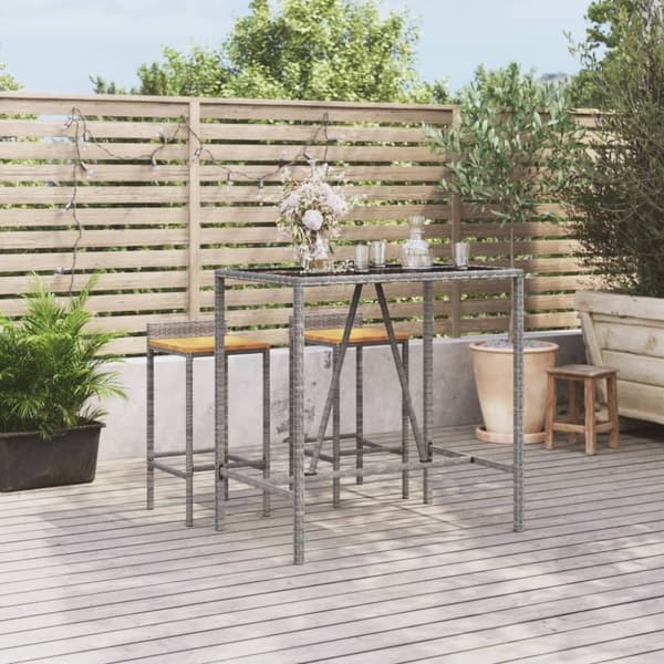 vidaXL barbord med glasplade 110x70x110 cm polyrattan grå