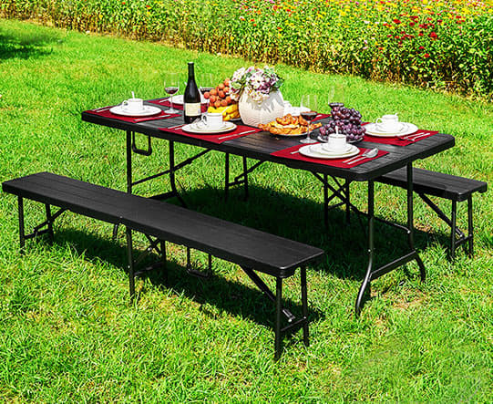 Campingbord med bänkar - 8 personer - 179x74x74cm - trälook