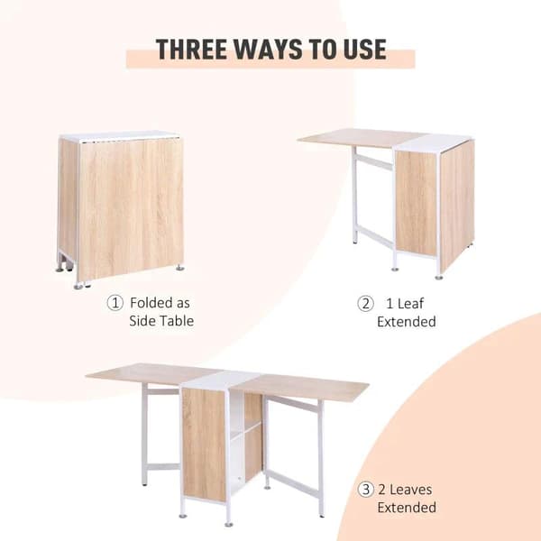 Rootz Folding Table - Dining Table - Side Tables - Storage Space For Living Room - Kitchen - Oak Wood - Metal Frame - Natural/White - 169 x 62 x 75 cm