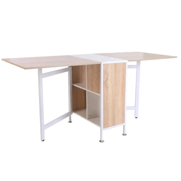 Rootz Folding Table - Dining Table - Side Tables - Storage Space For Living Room - Kitchen - Oak Wood - Metal Frame - Natural/White - 169 x 62 x 75 cm