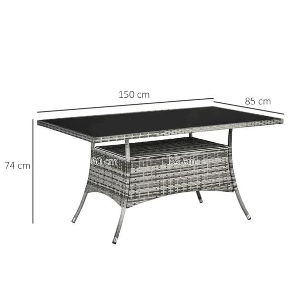 Rootz Trädgårdsbord - Glasbord - Matbord i polyrotting - Grå + Svart - 150cm x 85cm x 74cm