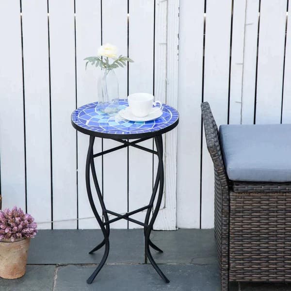 Rootz Havebord - Sidebord - Bord - Metalstel og holdbart - Mosaikdesign - Keramik/jern - Blå/Hvid