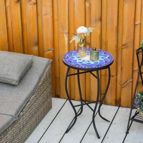 Rootz Havebord - Sidebord - Bord - Metalstel og holdbart - Mosaikdesign - Keramik/jern - Blå/Hvid