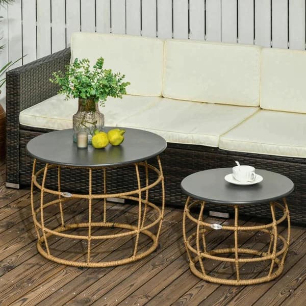 Rootz Trädgårdsbord - Set med 2 Boho Style Trädgårdsbord - Väderbeständig - Stapelbar - Naturlig + Mörkgrå - 60cm x 60cm x 47cm