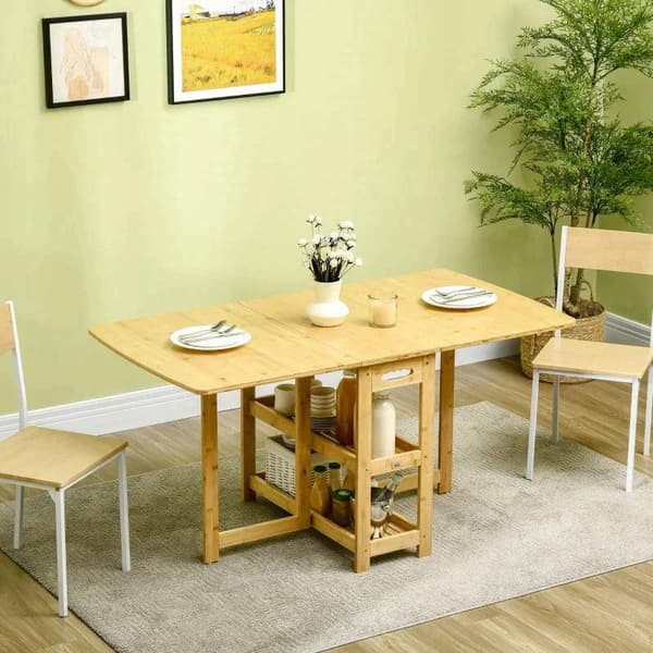 Rootz-taitettava pöytä - Ruokapöytä - Kaksi taitettavaa sivua - Kaksi hyllyä - Säädettävät jalat - Bambu - 149,5 x 80 x 73,5 cm