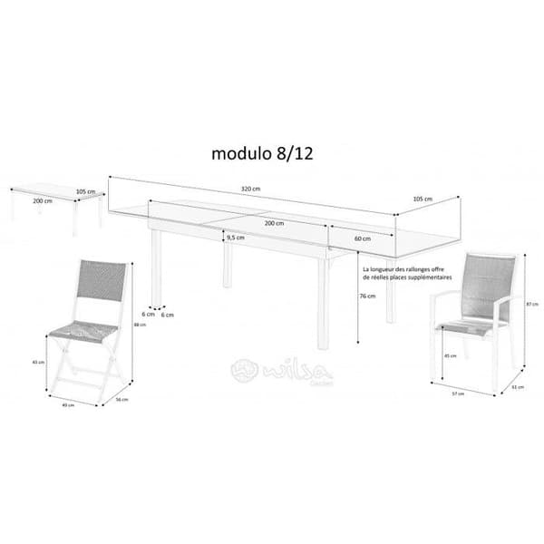 Salon de jardin Set Modulo T 8/12 + F 12 Full Glas Vitt Wilsa Garden