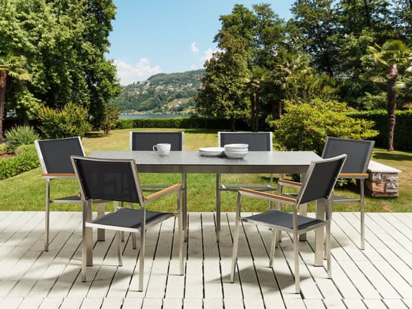 Trädgårdsbord Svart Bordsskiva i Härdat Glas Rostfri stålram Rektangulär 180 x 90 cm 6 sittplatser