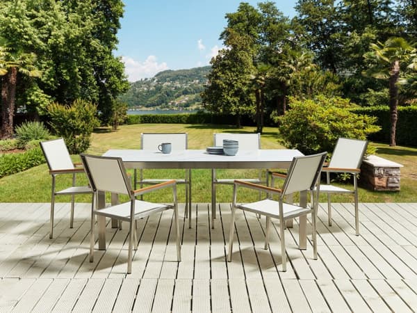 Hagebord Hvit bordplate i herdet glass med marmoreffekt Bordplate i rustfritt stål Rektangulær 180 x 90 cm 6-seter