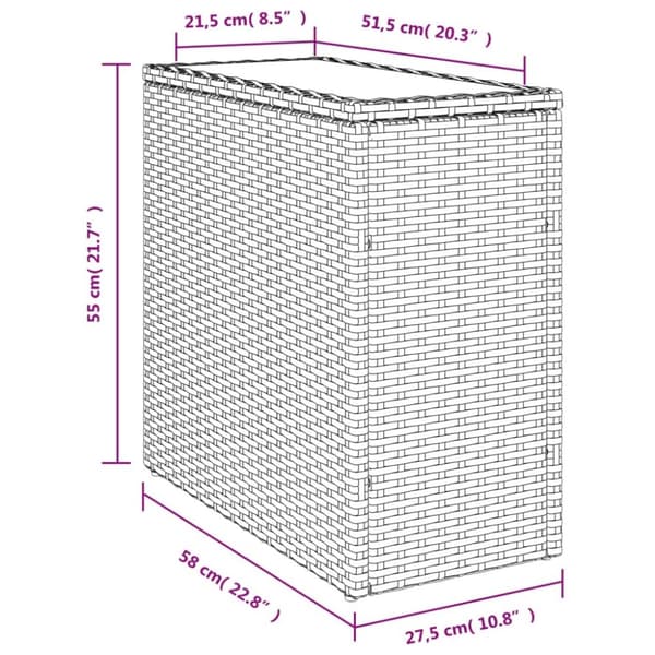 vidaXL havesidebord med glastop 58x27,5x55 cm polyrattan grå