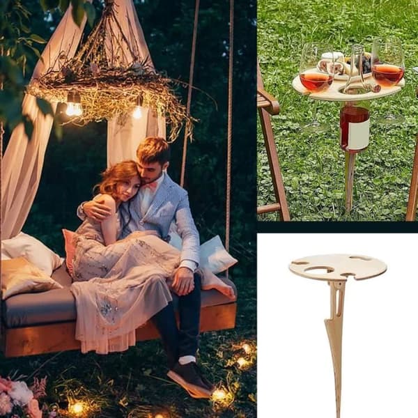 MIs bärbara vinbord Träfällbara glasögonhållare Rund ostbricka för camping, trädgård, picknick och resor