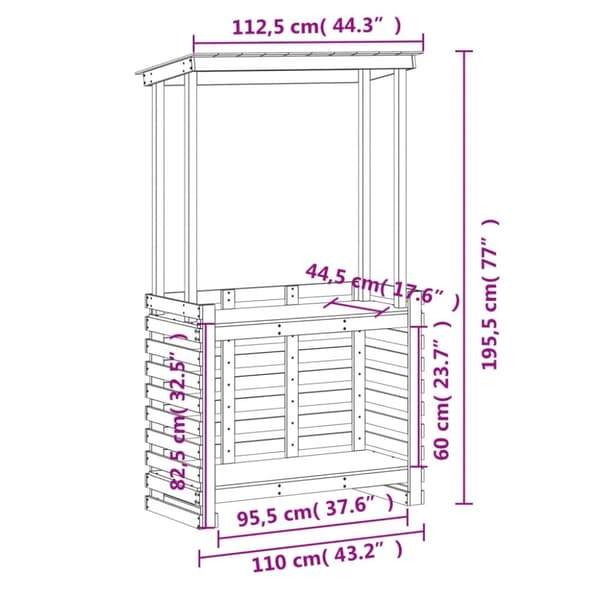 vidaXL Barbord för trädgården med tak vit 112,5x57x195,5cm massivt trä