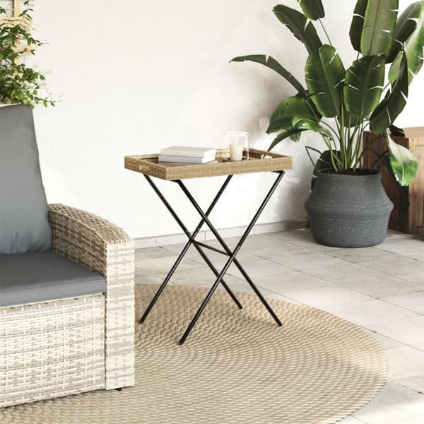 vidaXL Kokoontaittuva tarjotinpöytä beige 65x40x75 cm polyrottinki