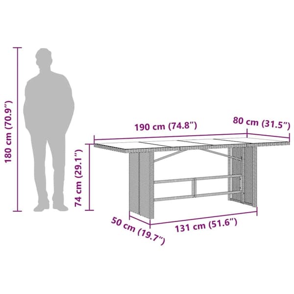 vidaXL havebord med glastop 190x80x74 cm polyrattan sort
