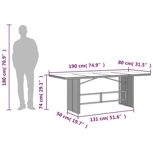 vidaXL havebord med glastop 190x80x74 cm polyrattan grå
