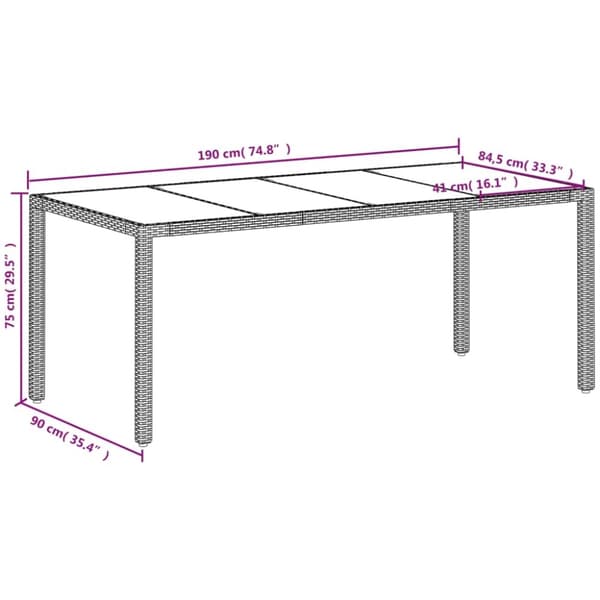 vidaXL havebord med glastop 190x90x75 cm polyrattan hvid