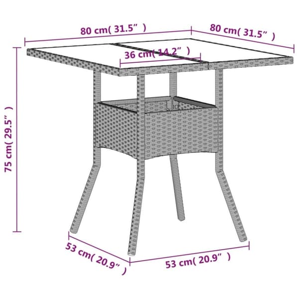 vidaXL havebord med glastop 80x80x75 cm polyrattan lysegrå