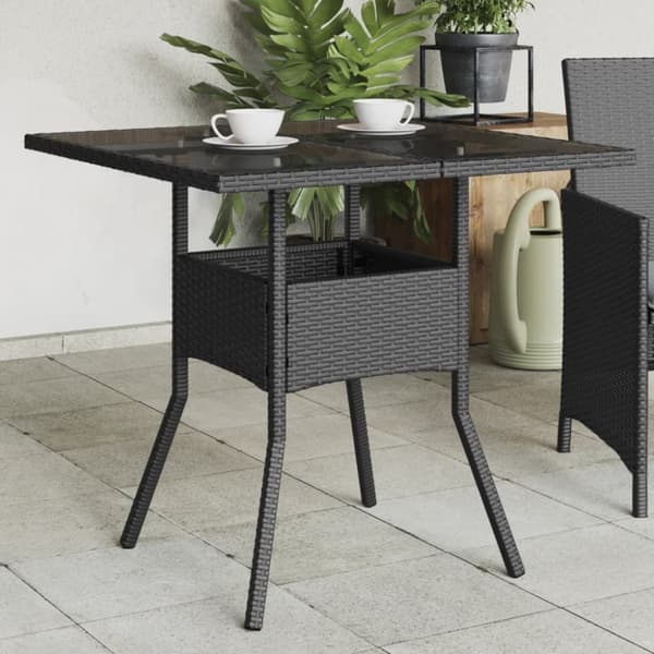 vidaXL Trädgårdsbord med glasskiva svart 80x80x75 cm konstrotting