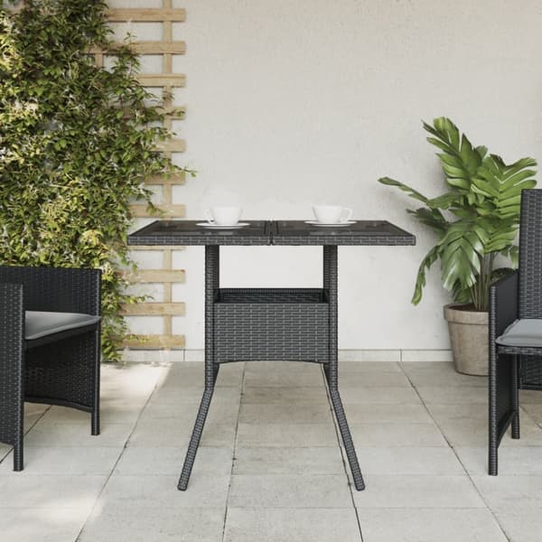 vidaXL havebord med glastop 80x80x75 cm polyrattan sort