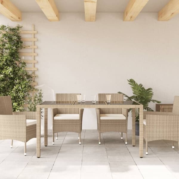 vidaXL havebord med glastop 150x90x75 cm polyrattan beige
