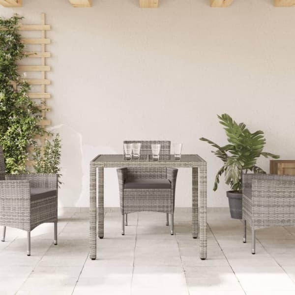 vidaXL Trädgårdsbord med glasskiva grå 90x90x75 cm konstrotting