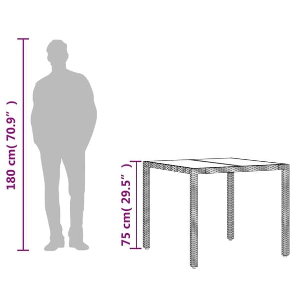 vidaXL havebord med glastop 90x90x75 cm polyrattan grå