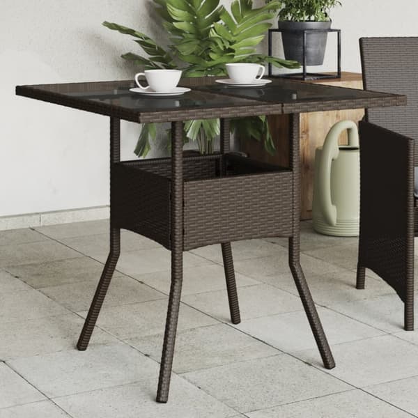 vidaXL Trädgårdsbord med glasskiva brun 80x80x75 cm konstrotting