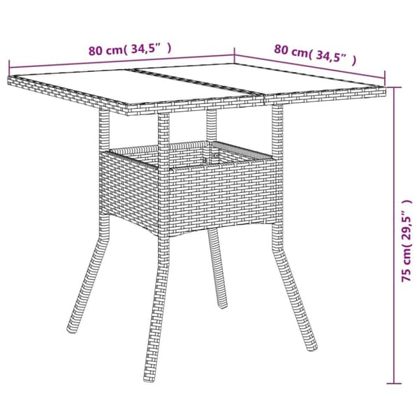 vidaXL havebord med glastop 80x80x75 cm polyrattan brun