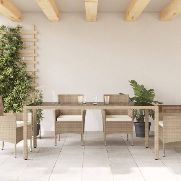 vidaXL havebord med glastop 190x90x75 cm polyrattan beige