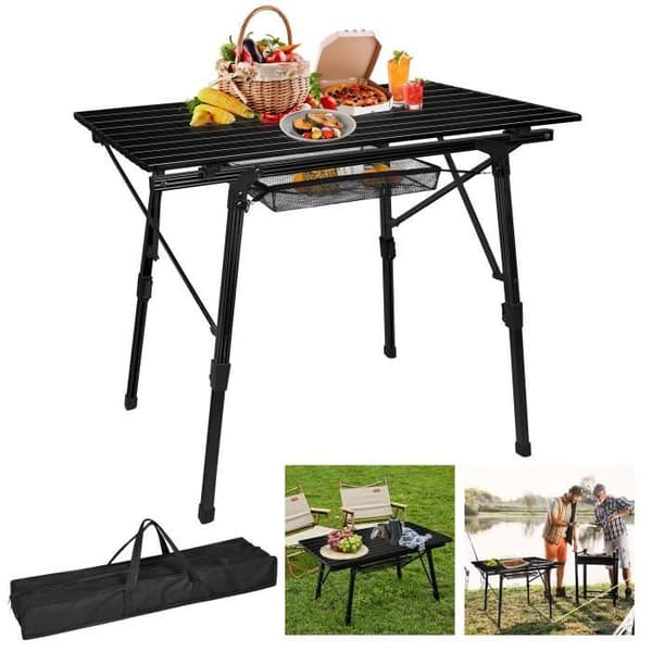 XMTECH fällbart campingbord i aluminium, ställbart picknickbord i höjdled, trädgårdsbord med bärväska, svart