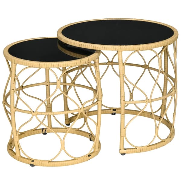 Rootz Haveborde Sæt - 2 Haveborde - Udendørs Sideborde - Boho Style - Stort Sidebord - PE Rattan-hærdet glas - Sort - Naturlig - 55 Cm X 55 Cm X 51 Cm
