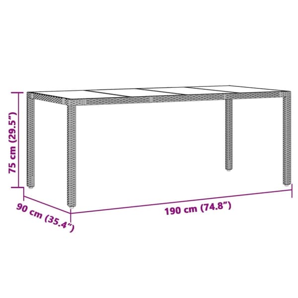 vidaXL havebord med glastop 190x90x75 cm polyrattan brun
