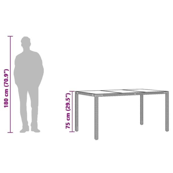 vidaXL havebord med glastop 150x90x75 cm polyrattan brun
