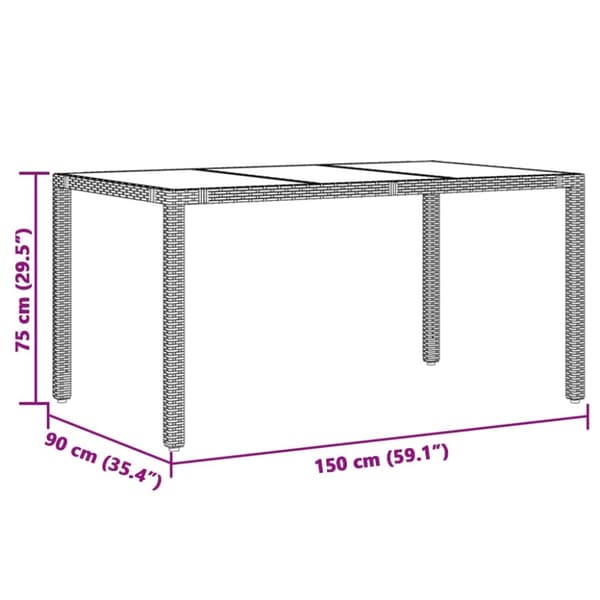vidaXL havebord med glastop 150x90x75 cm polyrattan brun