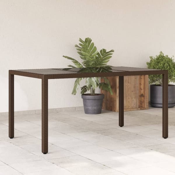 vidaXL havebord med glastop 150x90x75 cm polyrattan brun