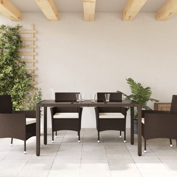 vidaXL havebord med glastop 150x90x75 cm polyrattan brun