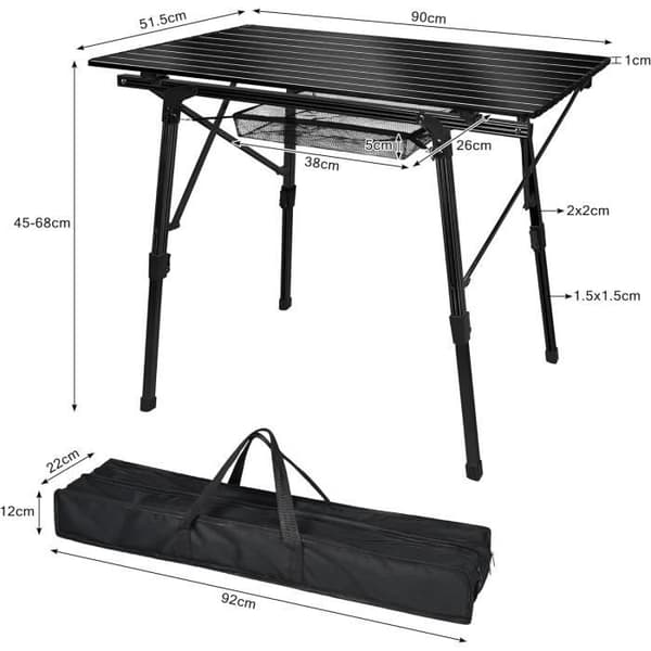 YUENFONG Hopfällbart campingbord med aluminiumstomme, Fällbart campingbord, höjdjusterbart, upp till 30 kg, 90 x 52 cm (svart)