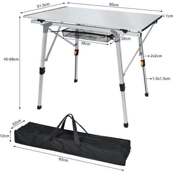 YUENFONG Hopfällbart campingbord med aluminiumstomme, Fällbart campingbord, höjdjusterbart, upp till 30 kg, 90 x 52 cm (silver)
