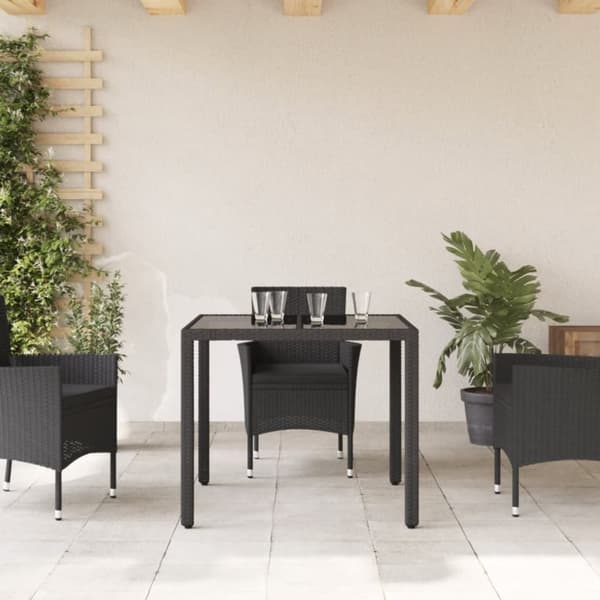 vidaXL Trädgårdsbord med glasskiva svart 90x90x75 cm konstrotting