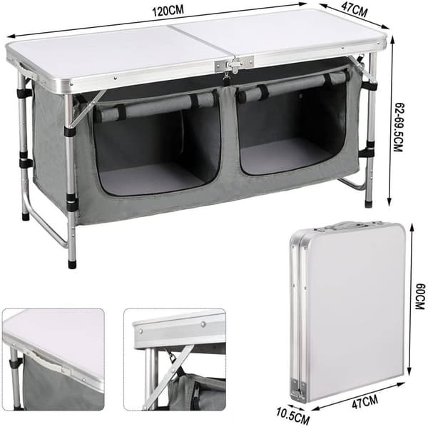 Rootz justerbart campingbord - bærbart klapbord - udendørs spisebord - højdejusterbart, integreret opbevaring, nem vedligeholdelse - 47 cm x (62 cm -
