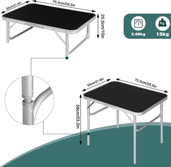 Rootz Ultimate Outdoor -taitettava pöytä - Säädettävä piknikpöytä - Kannettava retkeilypöytä - Kevyt, tukeva, monikäyttöinen - Alumiini ja MDF - 55 cm