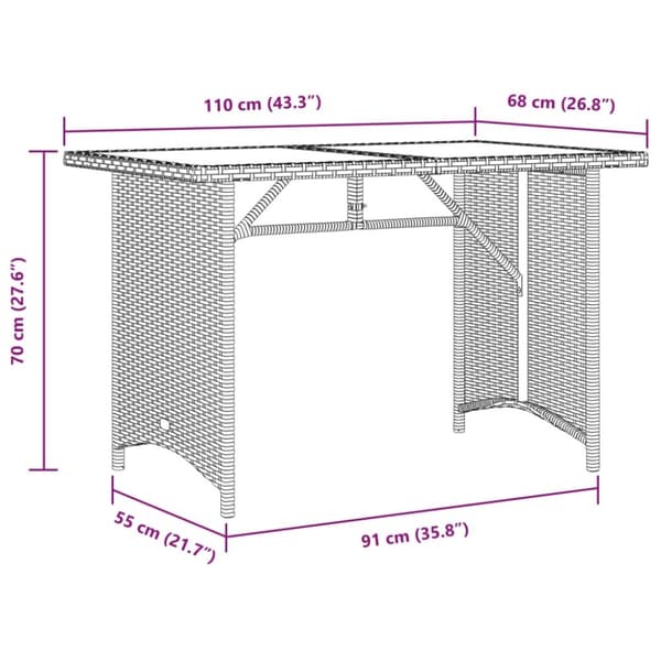 vidaXL havebord med glastop 110x68x70 cm polyrattan grå