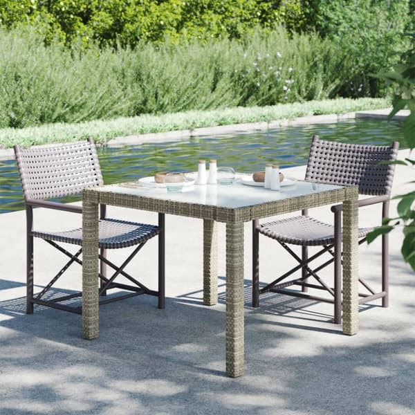 vidaXL Utebord 90x90x75 cm Härdat glas och konstrotting grå - Utebord