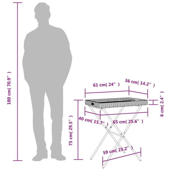 vidaXL Kokoontaittuva tarjotinpöytä musta 65x40x75 cm polyrottinki - Ulkopöydät