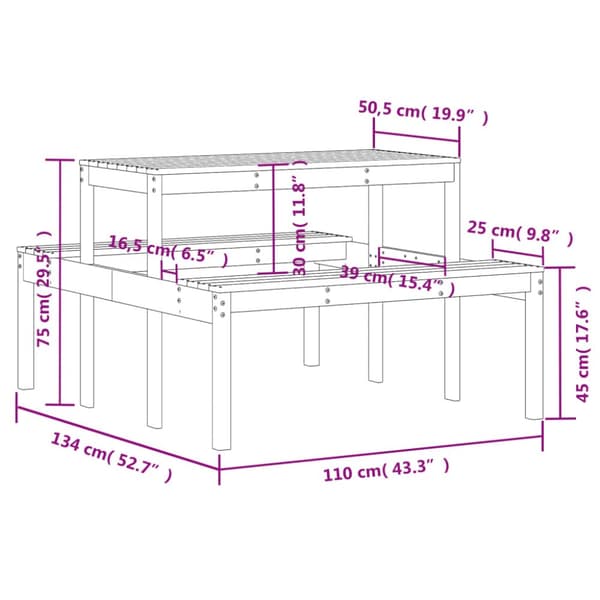 vidaXL Piknikpöytä valkoinen 110x134x75 cm täysi mänty -  Ulkopöydät