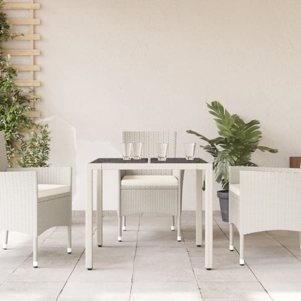 vidaXL Puutarhapöytä lasilevyllä valkoinen 90x90x75 cm polyrottinki -  Ulkopöydät