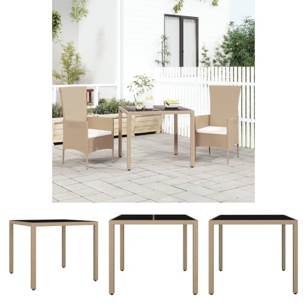 The Living Store havebord med glasbordplade polyrattan og hærdet glas beige -  Haveborde