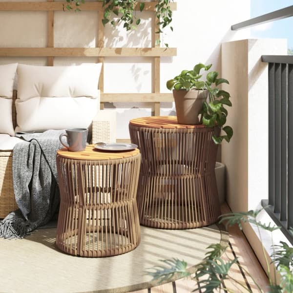 The Living Store Sivupöydät 2 kpl puinen pöytälevy beige polyrottinki - Ulkopöydät