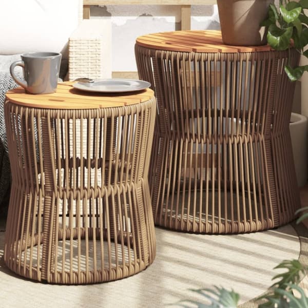 The Living Store Sivupöydät 2 kpl puinen pöytälevy beige polyrottinki - Ulkopöydät