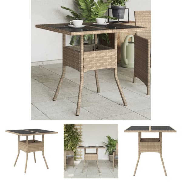 The Living Store havebord med glastop 80x80x75 cm polyrattan beige -  Haveborde